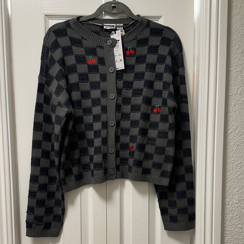 Noisy may Black and Gray Checkered Cardigan with Cherry Details